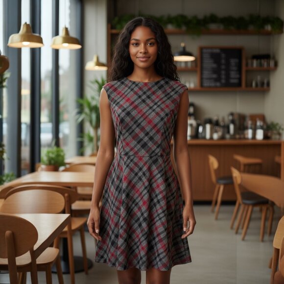 Maggy London Gray & Red Plaid Fit-and-Flare Dress | Size: 8 - Picture 1 of 8